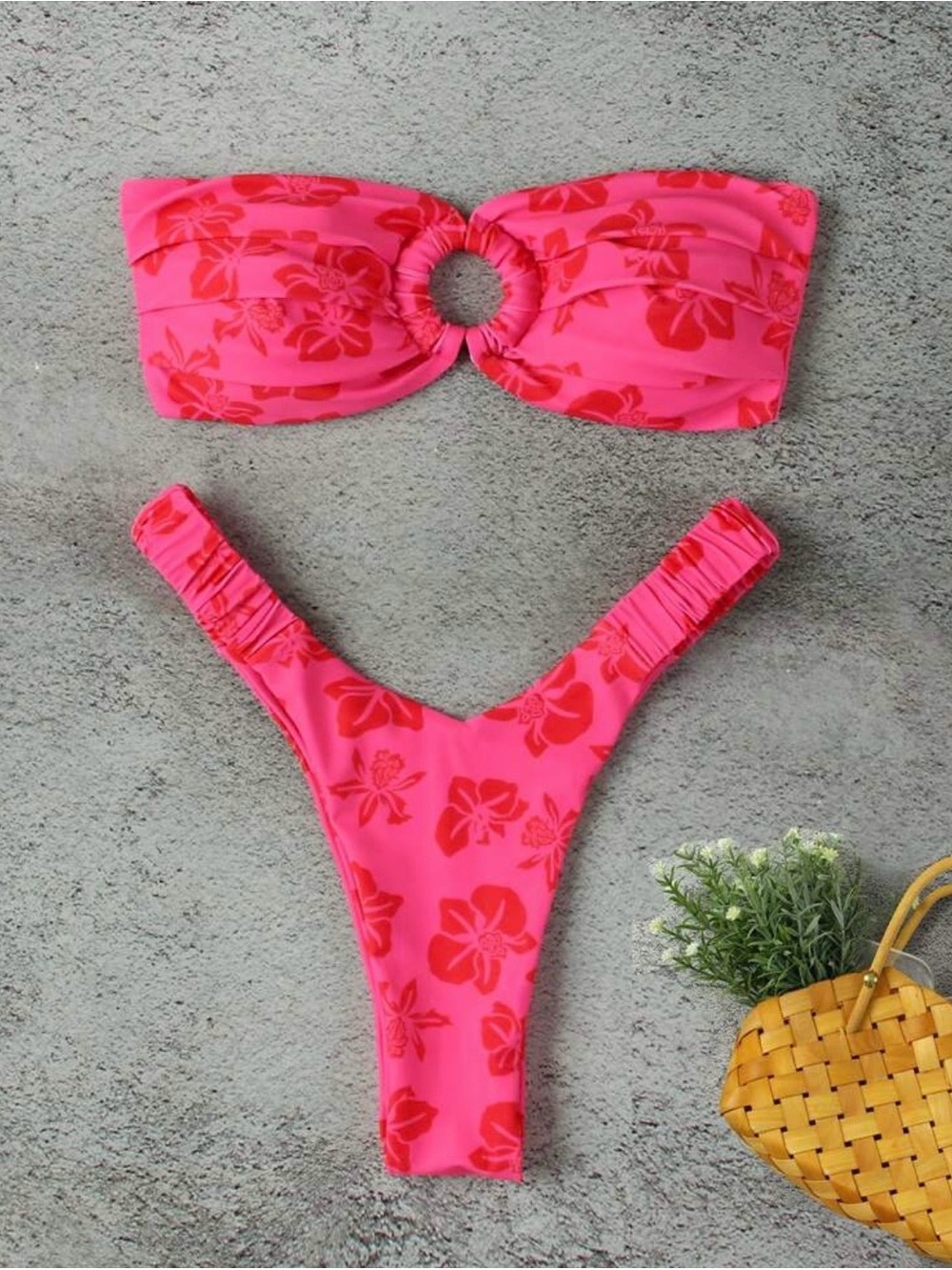 SHEIN Pink and Red Floral Bandeau Bikini Set